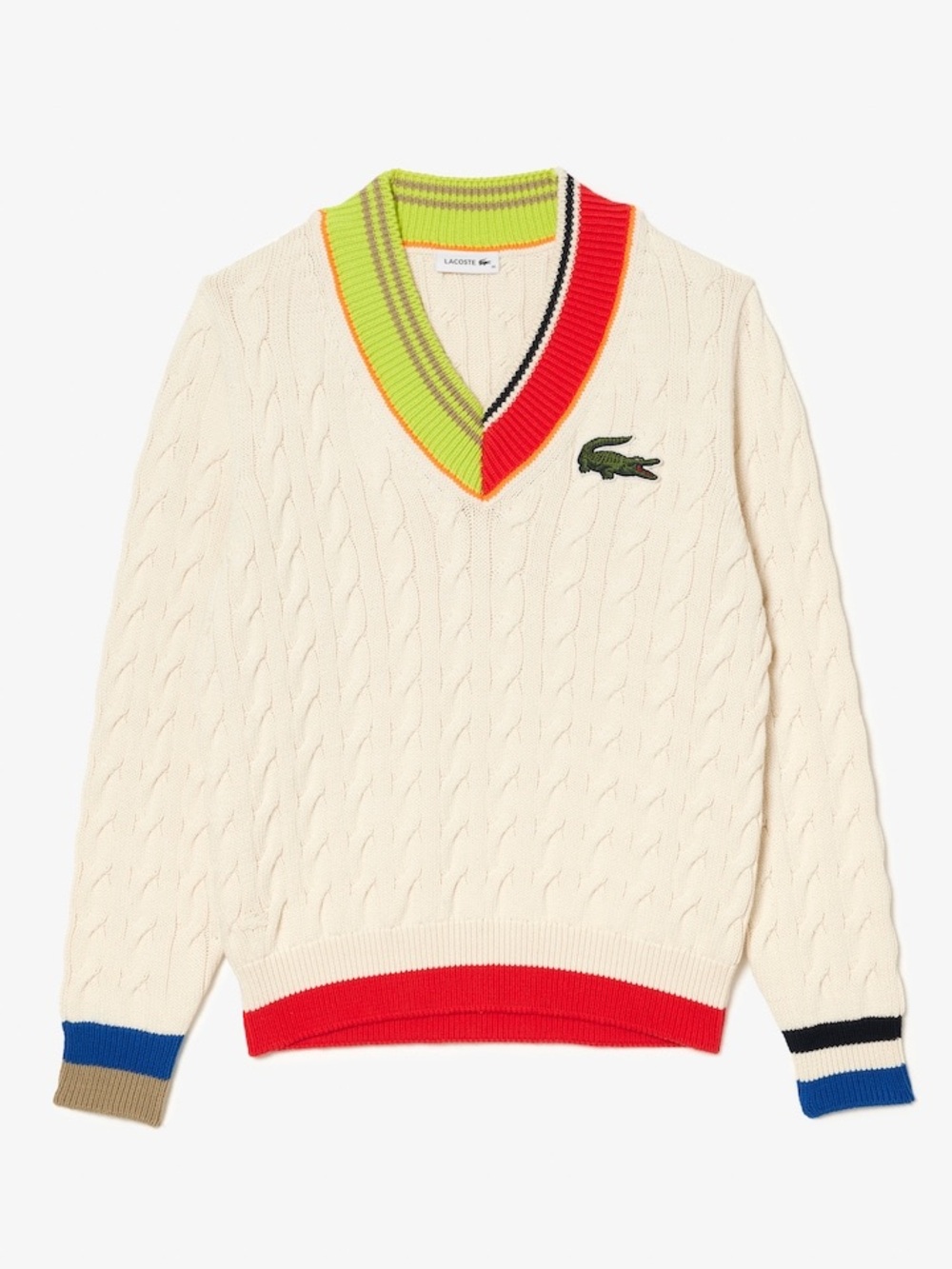 Lacoste Cream Cable-Knit V-Neck Sweater with Lime, Red & Navy Trim